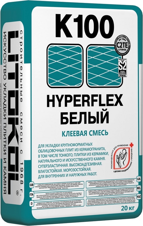 Клей высокоэластичный для укладки крупноформатных плит HYPERFLEX K100 Белый (класс С2 TЕ S2) 20кг