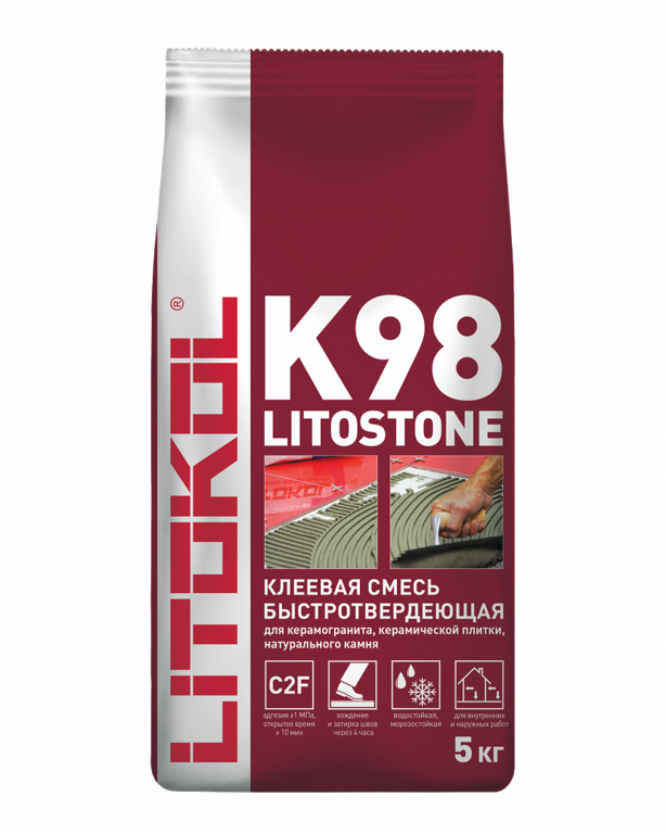 Клей быстротвердеющий для плитки, керамогранита и камня LITOSTONE K98 (класс С2 F) 5кг