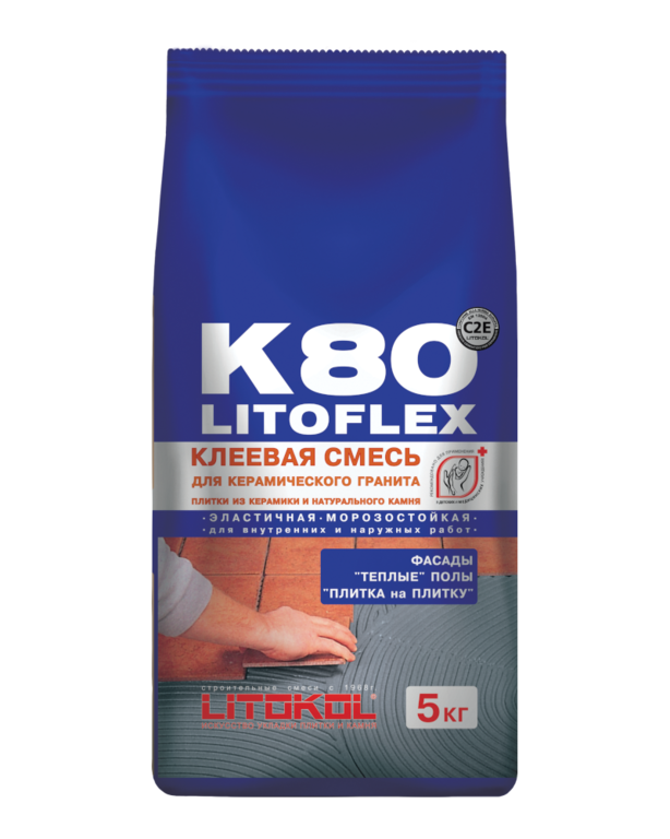 Клей, усиленный фиброволокном, для плитки, керамогранита и камня LITOFLEX K80 (класс С2 E) 5кг