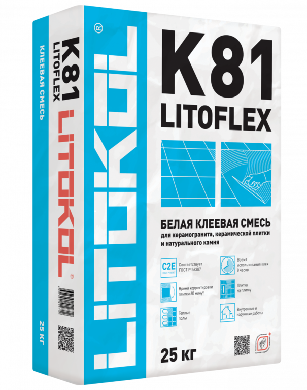 Клей, усиленный фиброволокном, для плитки, керамогранита и камня LITOFLEX K81 (класс С2 Е) 25кг